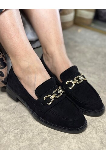 Nstil Daily Women's Black Suede Loafer Moccasin Classic Low Heel Chain Oval Toe Shoes 150
