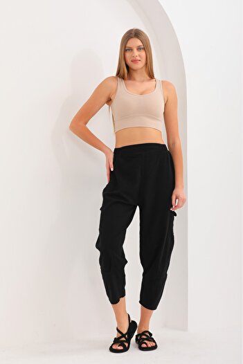AYASOFYA OTANTIK Women's Black Elastic Waist Side Mesh Pocket Linen Shalwar Trousers