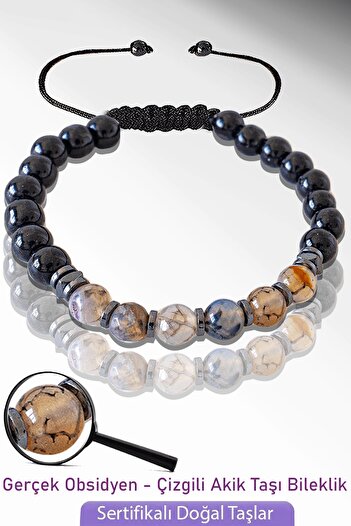 Tesbih Atölyesi Certified Real Natural Obsidian - Striped Agate Stone Bracelet - Adjustable