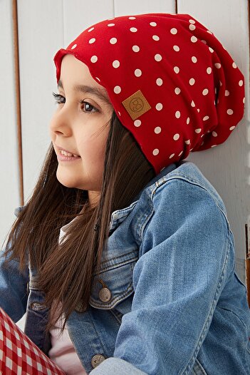 Babygiz Kırmızı Beyaz Puantiye Kız Çocuk Bebek Şapka Bere Yumuşak %100 Pamuklu Penye Trend Seri