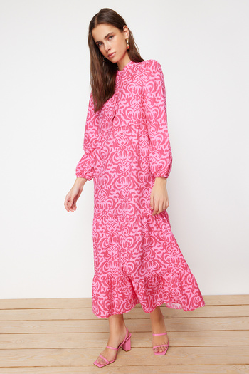 Trendyol Modest Fuchsia Patterned Half Placket Wide Fit Cotton Woven Dress TCTSS23EB00222