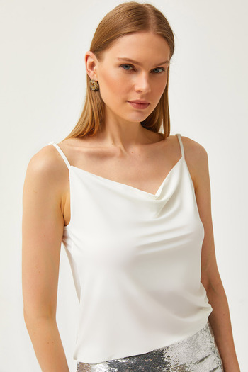 Olalook Women's White Strap Adjustable Degaje Collar Flowing Blouse BLZ-19002585