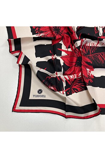Vissona Tivil Red-black Patterned Silk Scarf Dgn51019-0017-0001