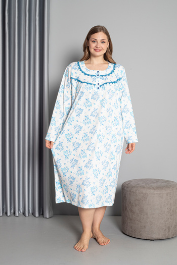 SEBOTEKS 100% Cotton Seasonal Long Sleeve Combed Plus Size Mother's Nightgown 1503