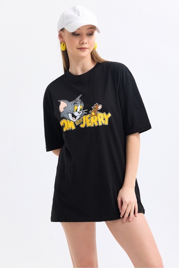 MD trend Women's Front And Back Tom Jerry Printed Cotton Oversize T-Shirt