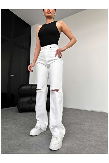 ESRAHELVACI White Knee Ripped Detail Wide Leg Jeans