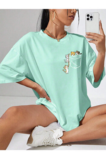 Revasser Unisex Women's/Men's CAT Colorful Custom Printed Oversize Cotton Crew Neck Combed Cotton T-Shirt