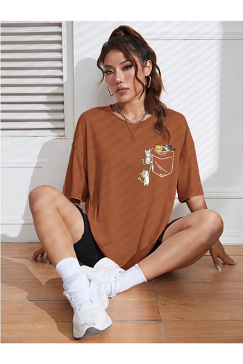 Revasser Unisex γυναικείο/ανδρικό μπλουζάκι CAT πολύχρωμο με στάμπα, Oversize, βαμβακερό λαιμό, χτενισμένο βαμβακερό μπλουζάκι