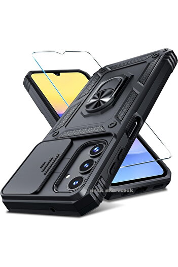m.tk moveteck Samsung Galaxy A35 Case with Camera Protection Sliding Ring Armor Military Armor Tank Stand + 9H Glass