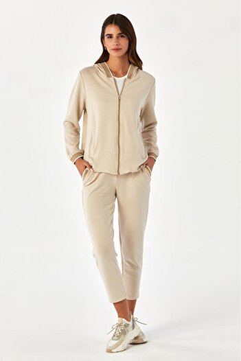 İKİLER Zippered Front Glitter Stripe Hooded S-Shirt 024-2106