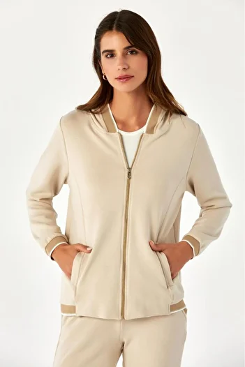 İKİLER Zippered Front Glitter Stripe Hooded S-Shirt 024-2106