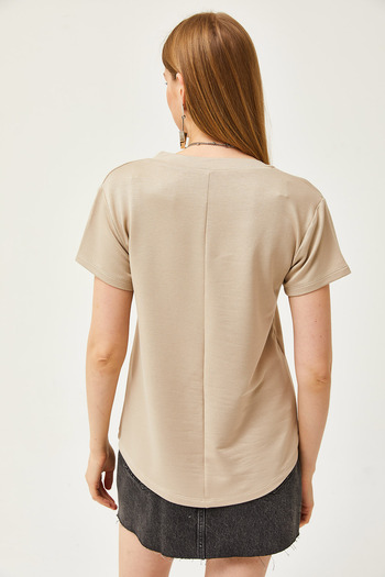 Olalook Women's Beige Deep V-Neck Modal Button T-Shirt TSH-19000773