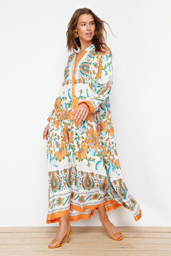 Trendyol Modest Πορτοκαλί φλοράλ υφαντό φόρεμα βισκόζης TCTSS24EB00221