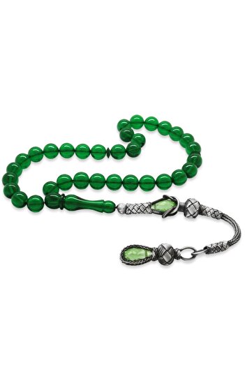 Tesbihane 1000 Sterling Silver Kazaz Tasseled Globe Cut Emerald Green Fire Amber Rosary