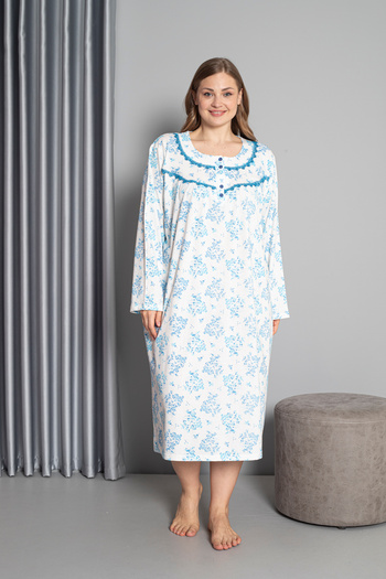 SEBOTEKS 100% Cotton Seasonal Long Sleeve Combed Plus Size Mother's Nightgown 1503
