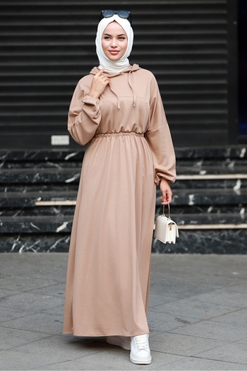 Bestenur Lidya 586 Model Hooded Hijab Dress - Elastic Waist, Mink