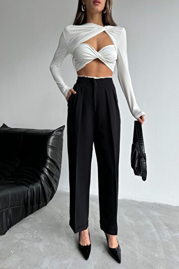 LB Laluna Butik Women's Waist Detailed Double Leg Pleated Draped Fabric Trousers