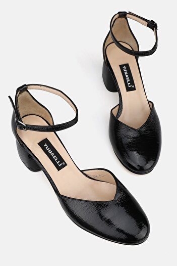 TUNAELLİ Women's Black Patent Leather Genuine Leather Number 35-41 Thick Heel Strap Shoes