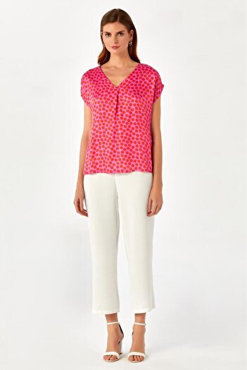 İKİLER V-Neck Low Sleeve Front Pleated Blouse 024-3016