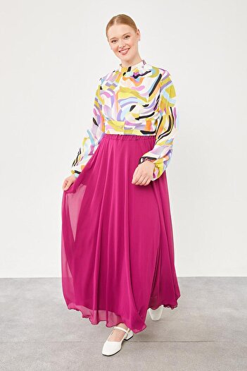 Levidor Fuchsia Colored Flared Skirt with Elastic Waist