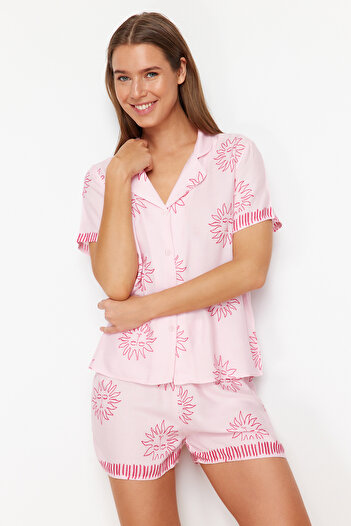 Trendyol Collection Pink Sun Pattern Woven Pajama Set with Viscose Shorts Thmss24Pt00009