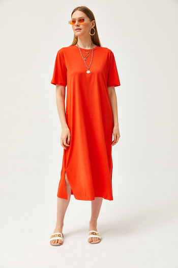 Olalook Women's Orange Side Slit Oversize Cotton Dress ELB-19001880