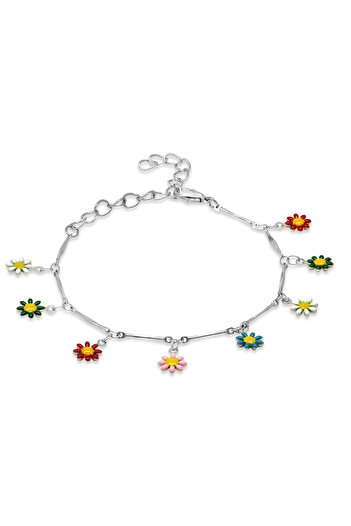 Tesbihane Silver Color Metal Chain Multicolor Enamel Women's Bracelet with Wild Flower Detail