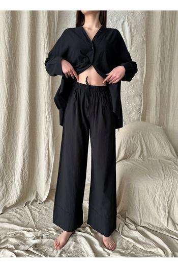 Laluvia Black Linen Double Leg Trousers Shirt Set