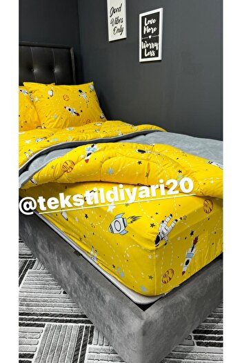 tekstildiyarı Welsoft Puffy Single Sleeping Set - Yellow with Elastic Sheets