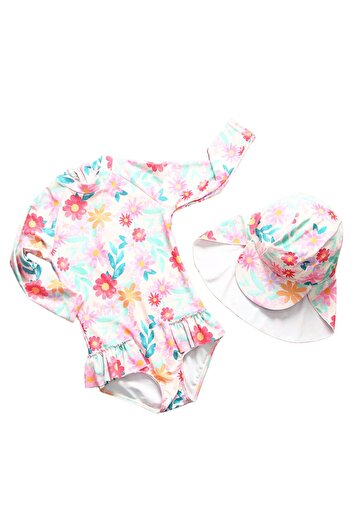 Petityu Upf50+ Sun-Protected Long-Sleeved Cap Female Child Floral Pink Swimsuit Hat Set