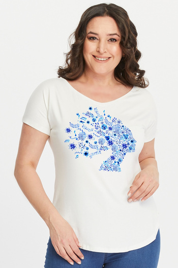 Curvy Trend Plus Size Blue Floral Silhouette Printed Wide V-Neck Short Sleeve Oval Slit Blouse