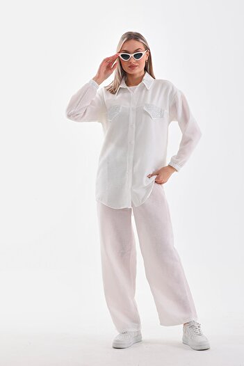 WestBound Women's Stone Embroidered Hijab Double Summer Top and Bottom Set - Ecru