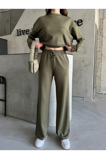 Laluvia Khakifarbenes Sweat-Hosenset mit weitem Bein