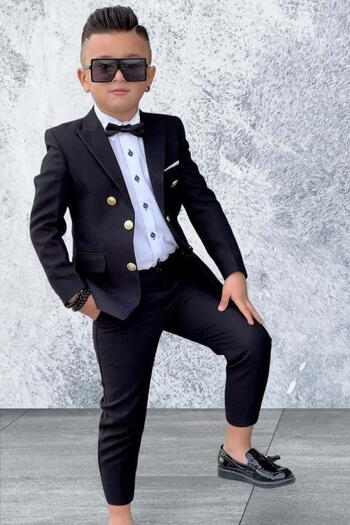 Riccotarz Boy's Button Detailed Blazer Jacket Bow Tie Gift Black Suit