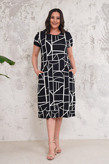 Neşeli Butik women's black pocket plus size viscose dress NBA003