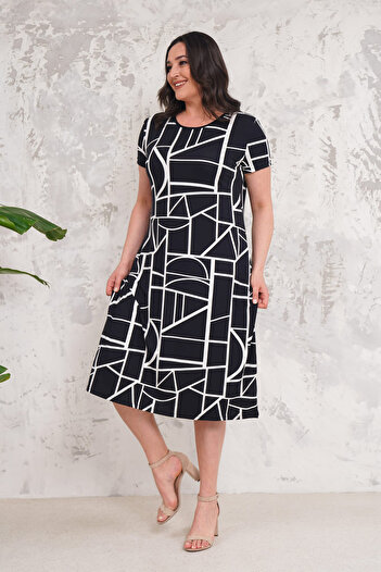 Neşeli Butik women's black pocket plus size viscose dress NBA003