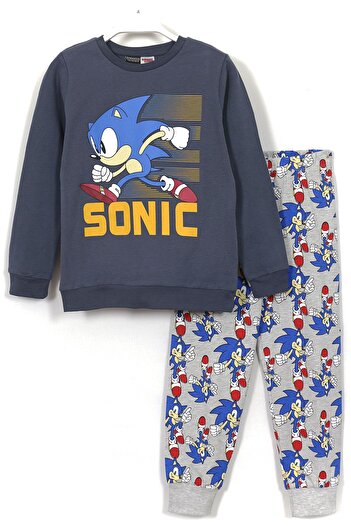 DobaKids Crew Neck Sonic Printed Long Sleeve Boy's Pajama Set 3-10 Years Gray