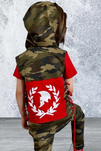 Riccotarz Boy's Camouflage Patterned Vest and Digital Printed Red Tracksuit Set