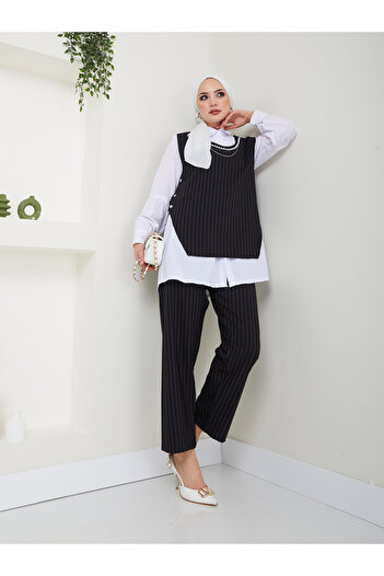 VOLT CLOTHİNG WOMEN'S NECKLACE DETAIL SHIRT COLLAR STRIPED TRIPLE VEST SET