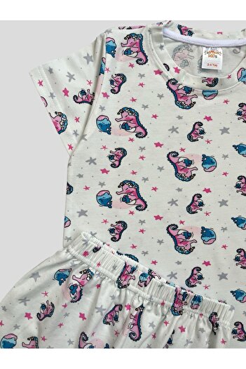 elmas kids Girl's 100% Cotton Sea Horse Patterned Short Sleeve Shorts Summer Pajamas Set