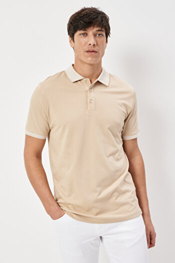 AC&Co / Altınyıldız Classics Men's Slim Fit Polo Collar T-Shirt - Non-Shrinkable Cotton, Light-Beige, Non-Curling