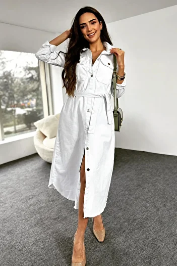 fehika Off White Skirt Fringed Neck Buttoned Jean Dress Belted Denim Blue Gilet Dress