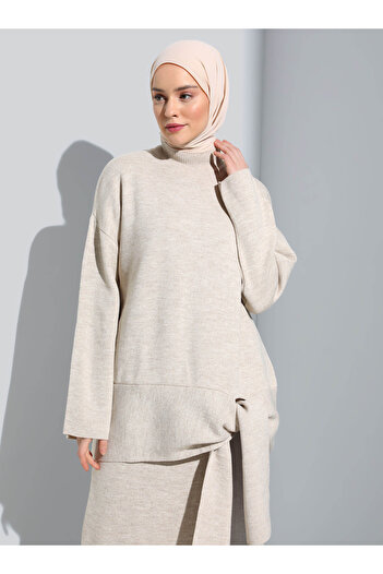 Refka Tie Detailed Tunic & Skirt Knitwear Set - Light Mink -