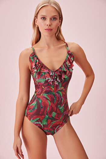 SUWEN V-Neck Ruffle Swimsuit
