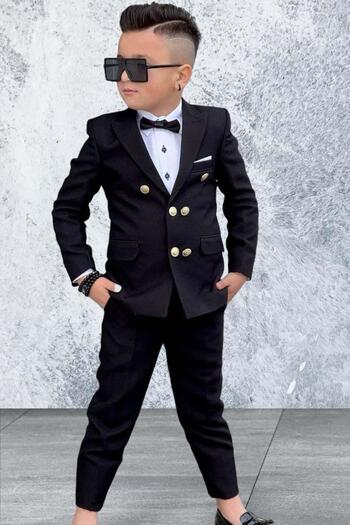 Riccotarz Boy's Button Detailed Blazer Jacket Bow Tie Gift Black Suit