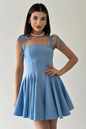 WOMAN VISION Rochie de damă, cu tăietură prințesă, din țesătură Atlas, cu bretele subțiri, detaliată în față, albastru bebeluș 164