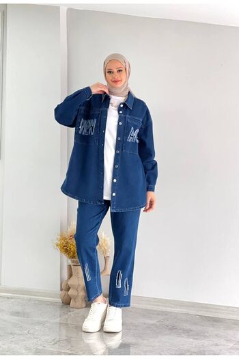 Cardella Mesh and Sequin Detailed Denim Jeans Jacket and Jeans Trousers Bottom Top Double Set