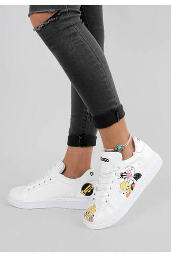 Dogo Women's Vegan Leather White Sneakers - Best Of Tweety And Sylvester Design