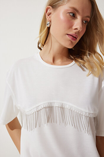 Happiness İstanbul Tricou tricotat supradimensionat cu lanț alb pentru femei PB00024