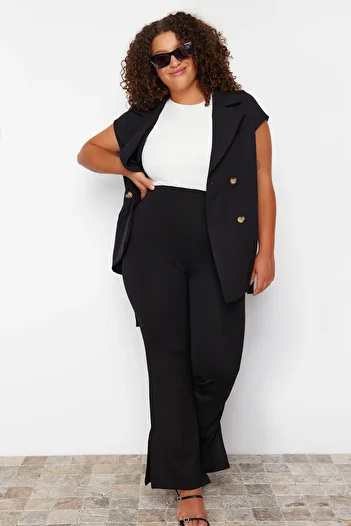 Trendyol Curve Black Side Slit Spanish Leg High Waist Knitted Trousers TBBSS23AR00035